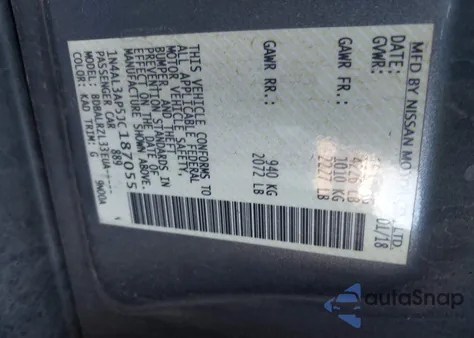 2018 Nissan Altima 2.5 Sl z USA, uszkodzony, nr VIN 1N4AL3AP5JC187055